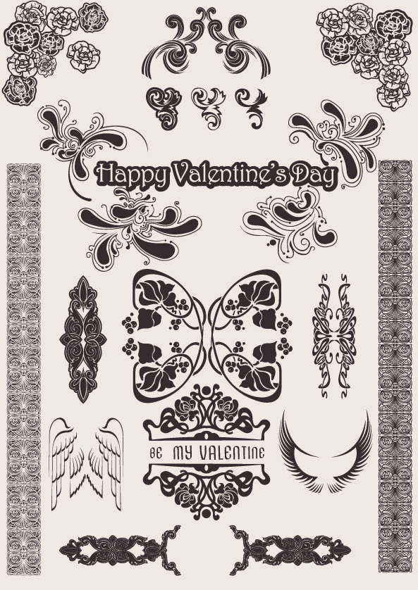 valentine decor elements retro flora wings shapes sketch