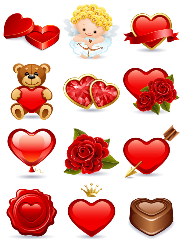 valentine symbols icons shiny heart rose angel sketch