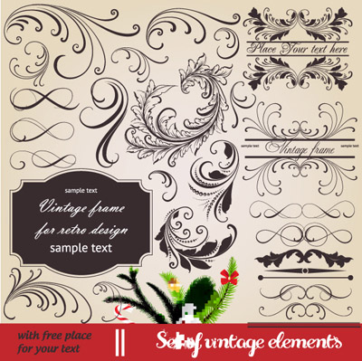 decorative elements collection elegant retro leaf sketch