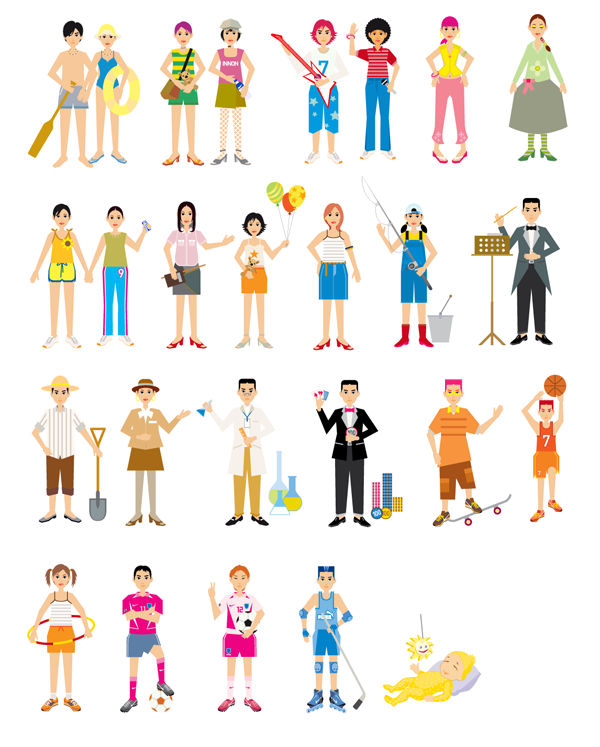 people activities icons colorful cartoon characters