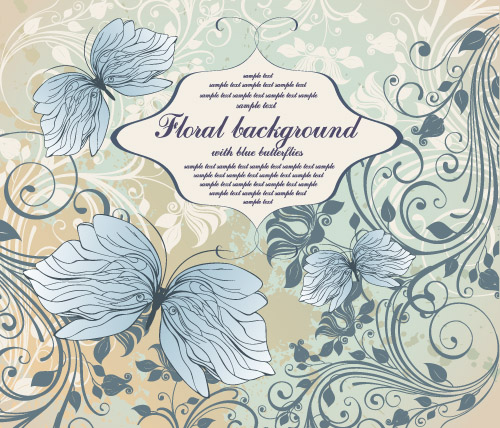 nature background retro design floral butterflies sketch