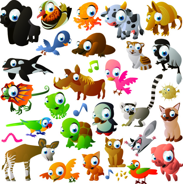 animals icons cute cartoon characters colorful sketch