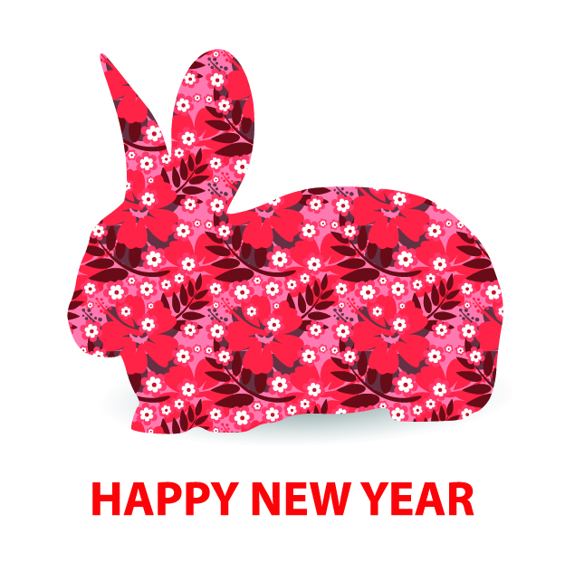 new year banner flat rabbit icon layout flower decor