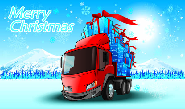 christmas background santa forklift gift icons 3d cartoon