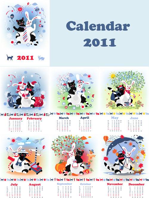 2011 calendar templates cute stylized animals icons decor