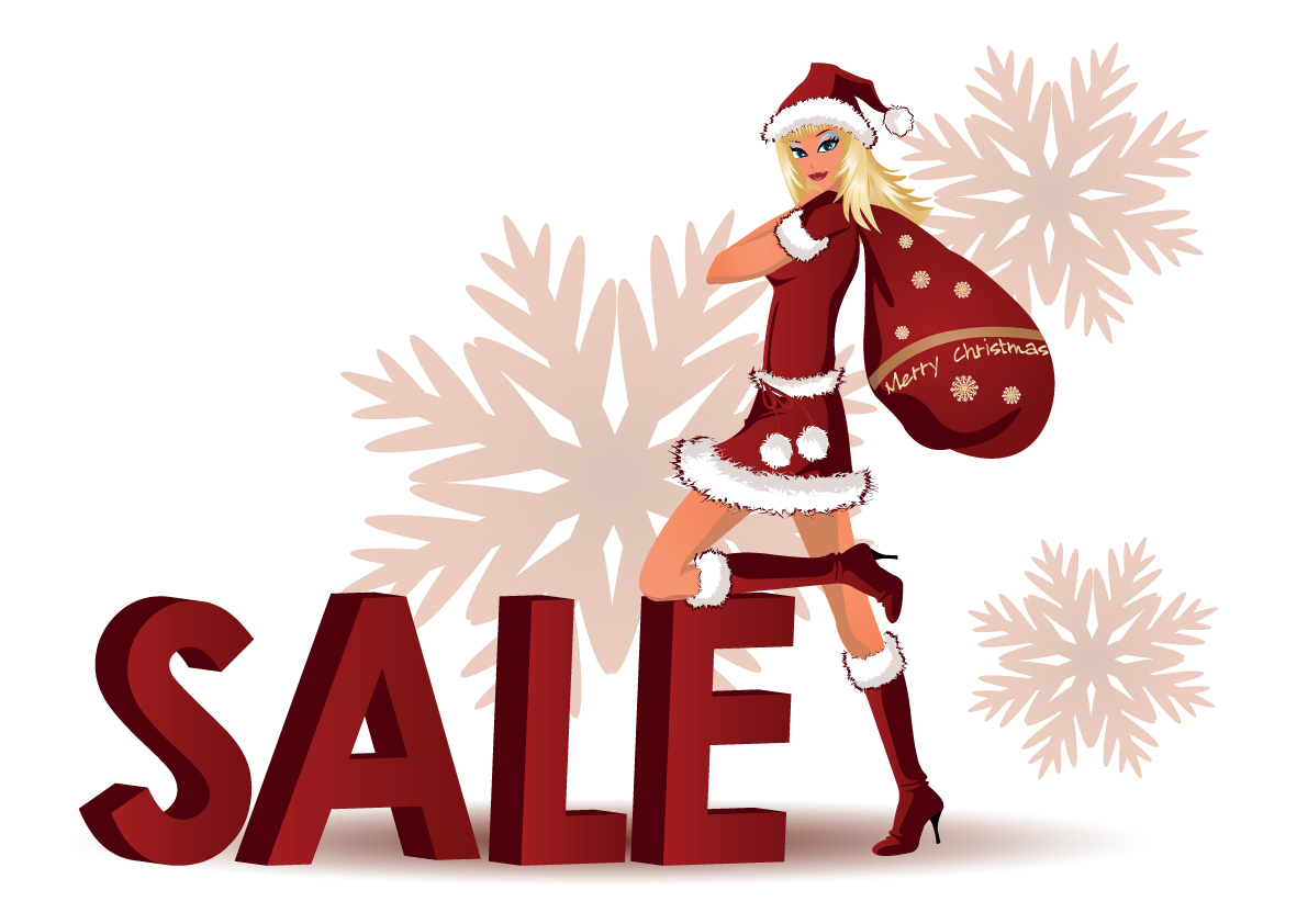 christmas sale banner santa girl snowflakes text decor