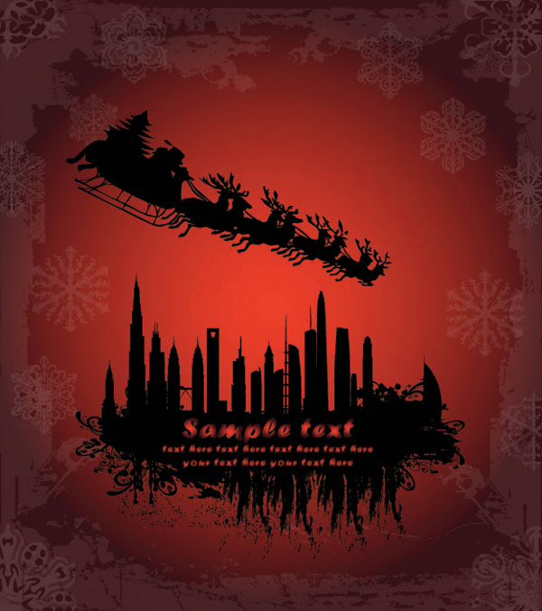 xmas background sleighing santa city silhouettes dark red