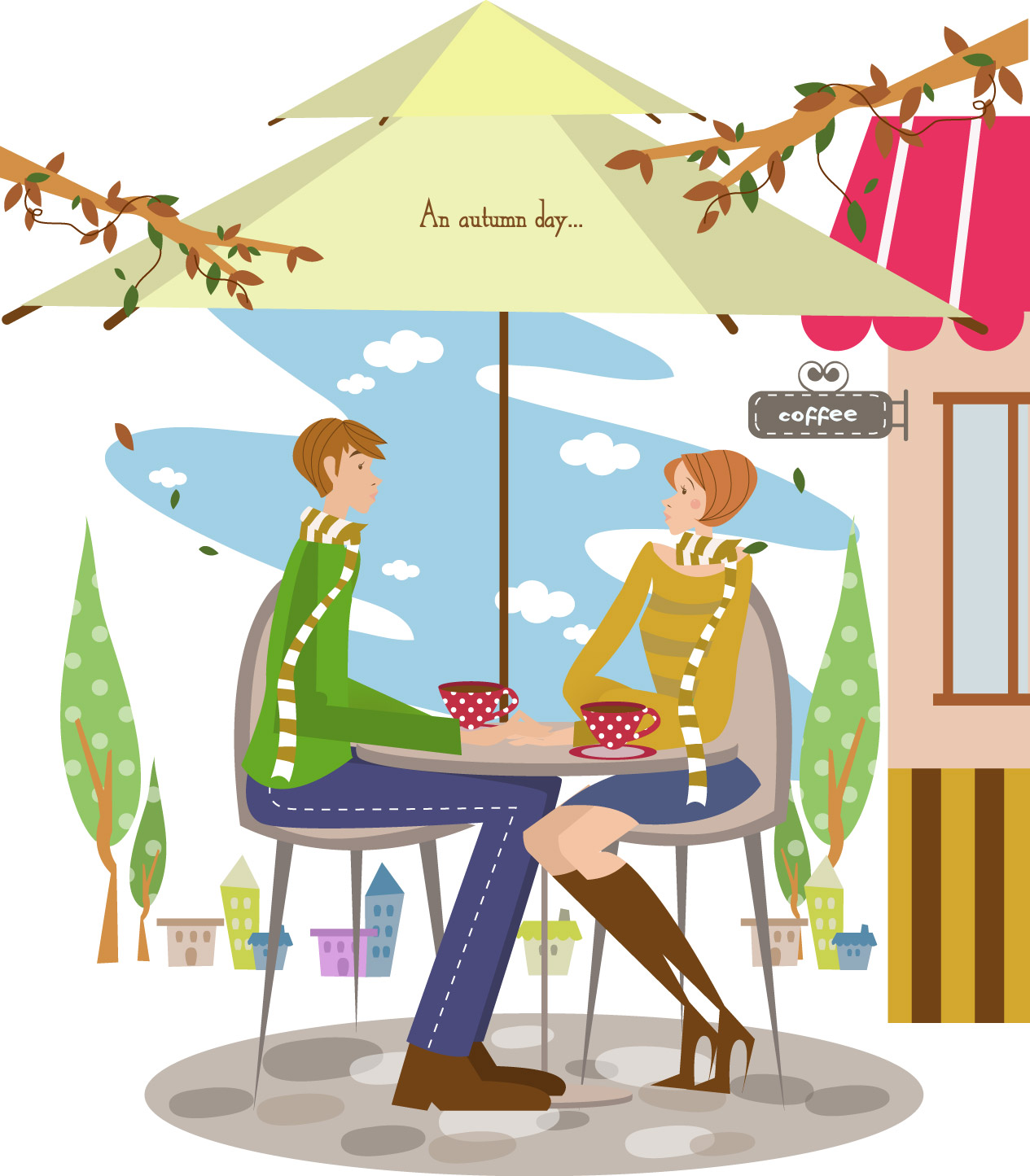 relaxed couple vector autumn coffee theme multicolored design