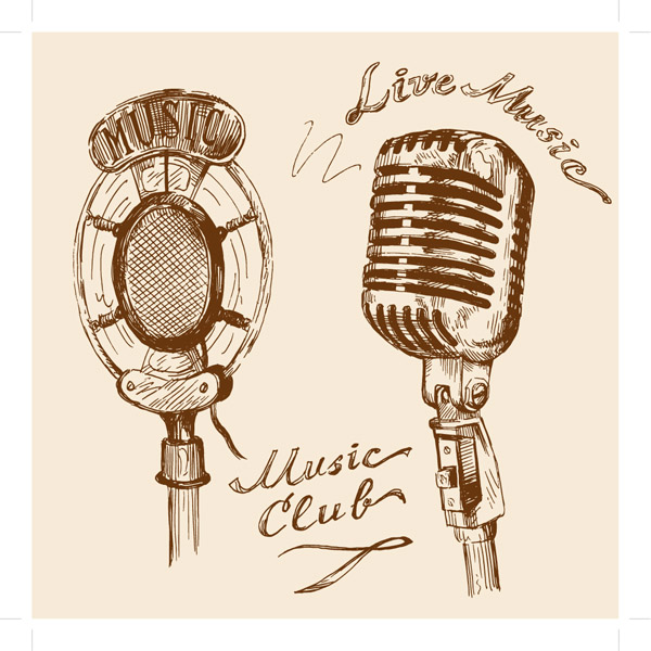 music design elements retro microphone icons handdrawn sketch