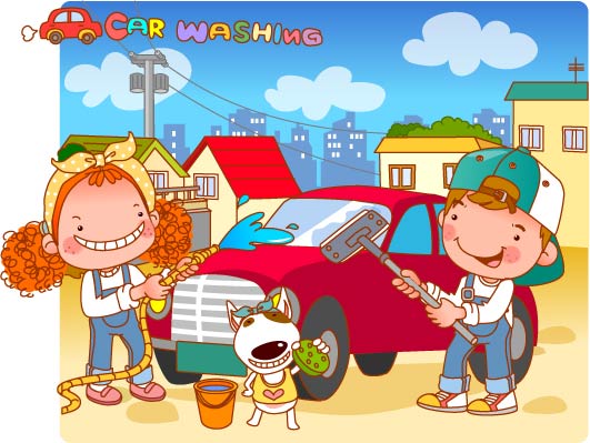 childhood painting car wash theme colored cartoon design