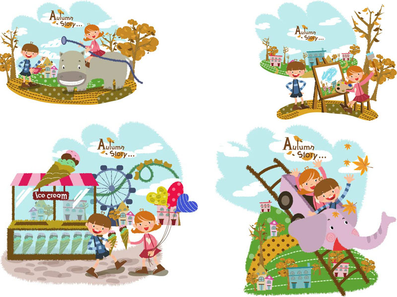 childhood painting joyful kids autumn scene cartoon design