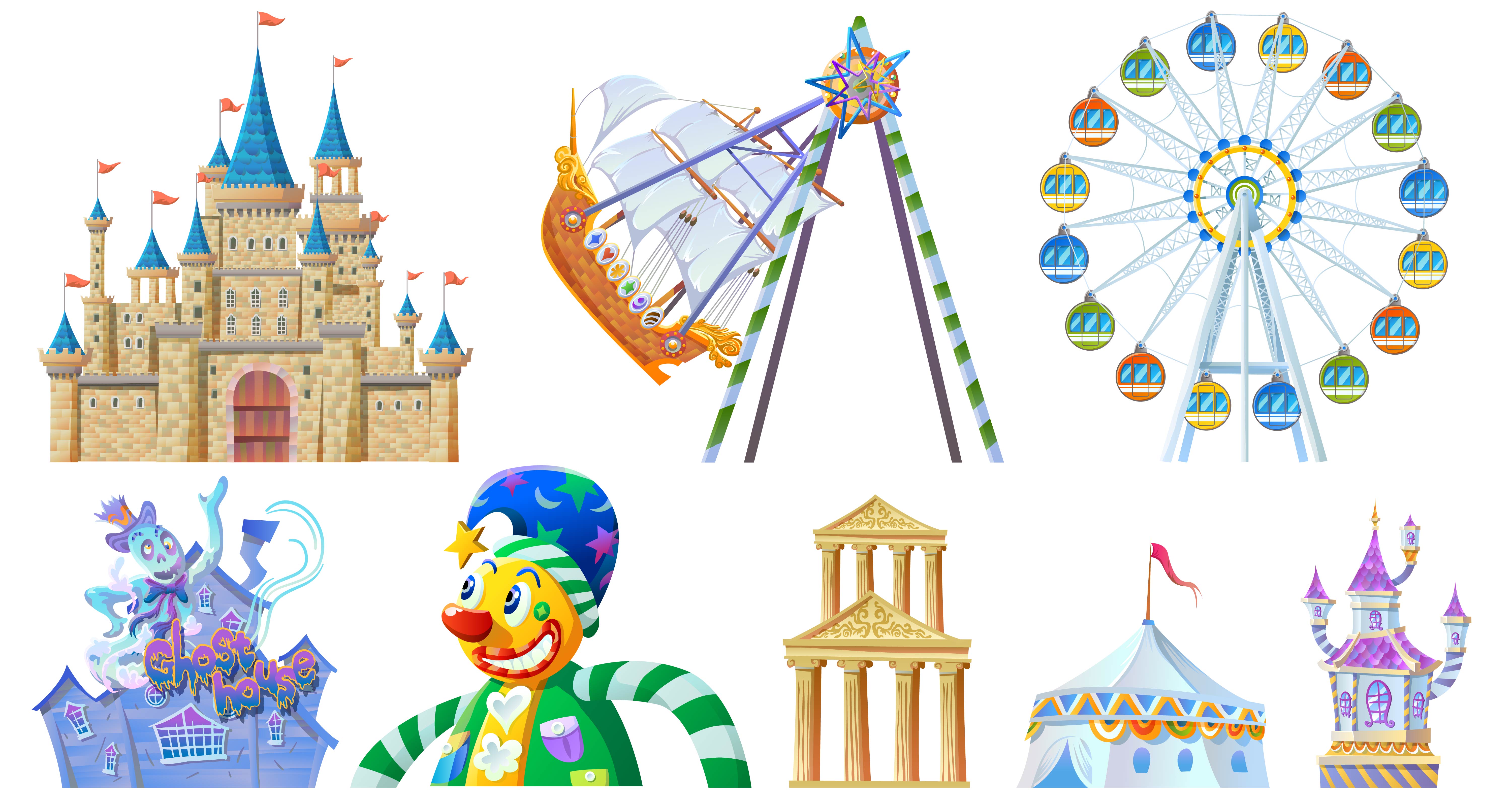 playground design elements castles clown circus games icons