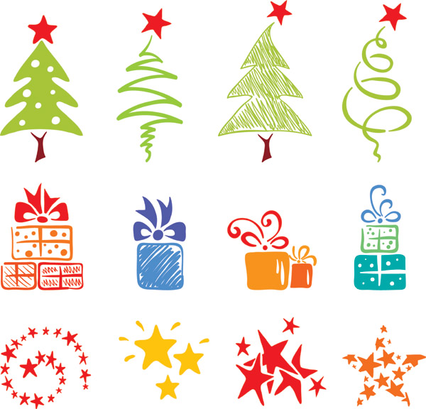 christmas design elements flat colored handdrawn symbols