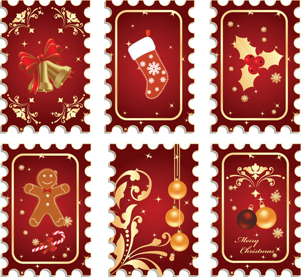 christmas stamps templates red design baubles icons decor