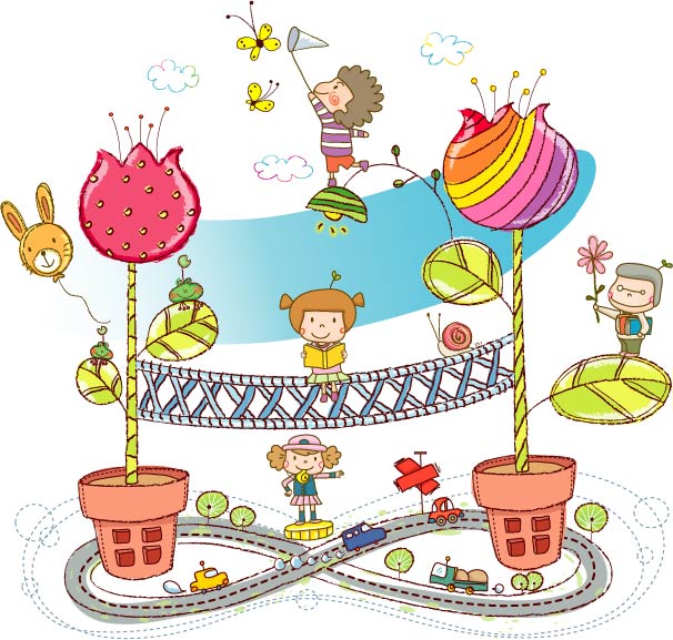 childhood painting tiny kids flora icons colorful handdrawn