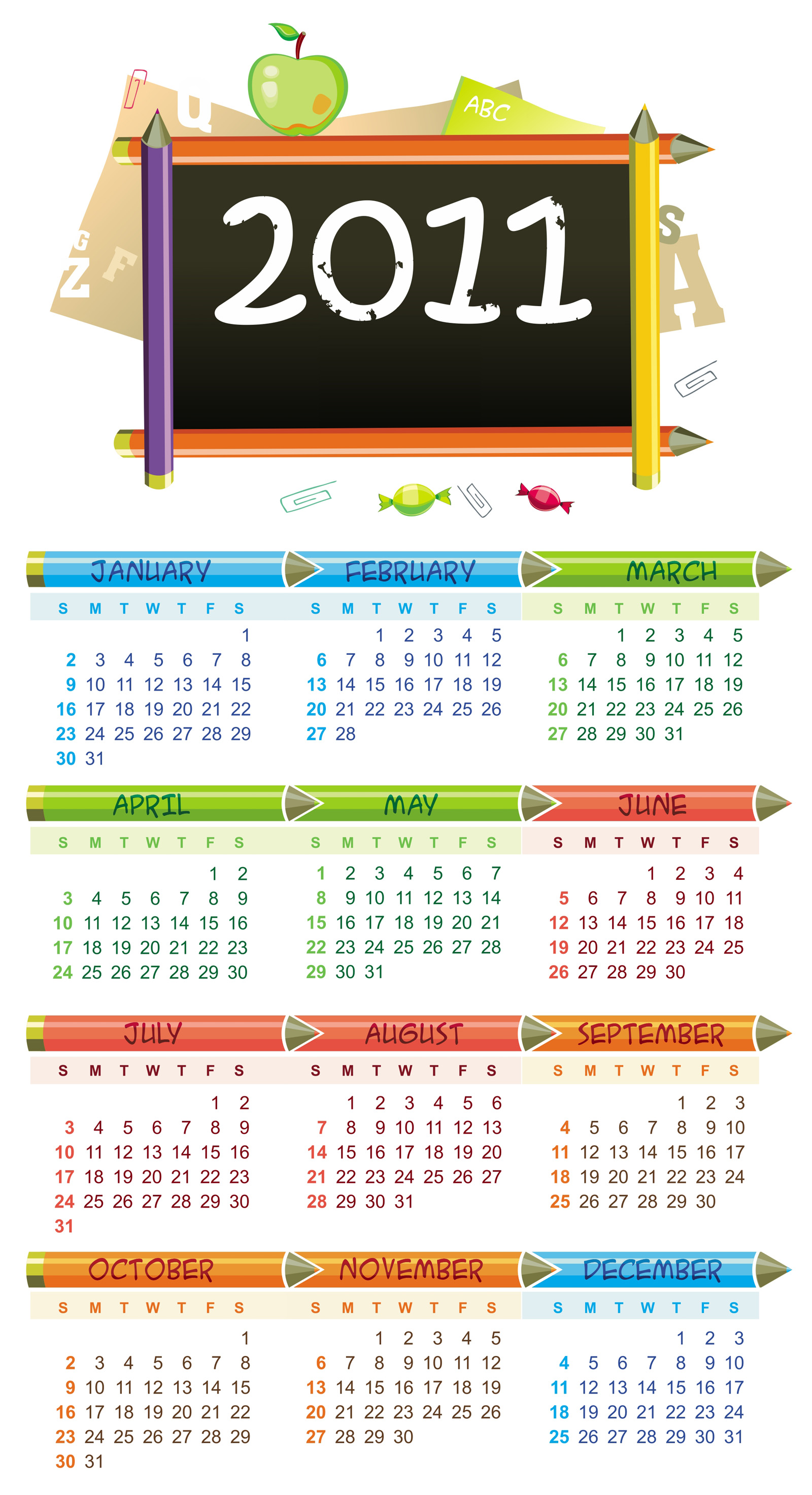 2011 calendar template education symbols decor