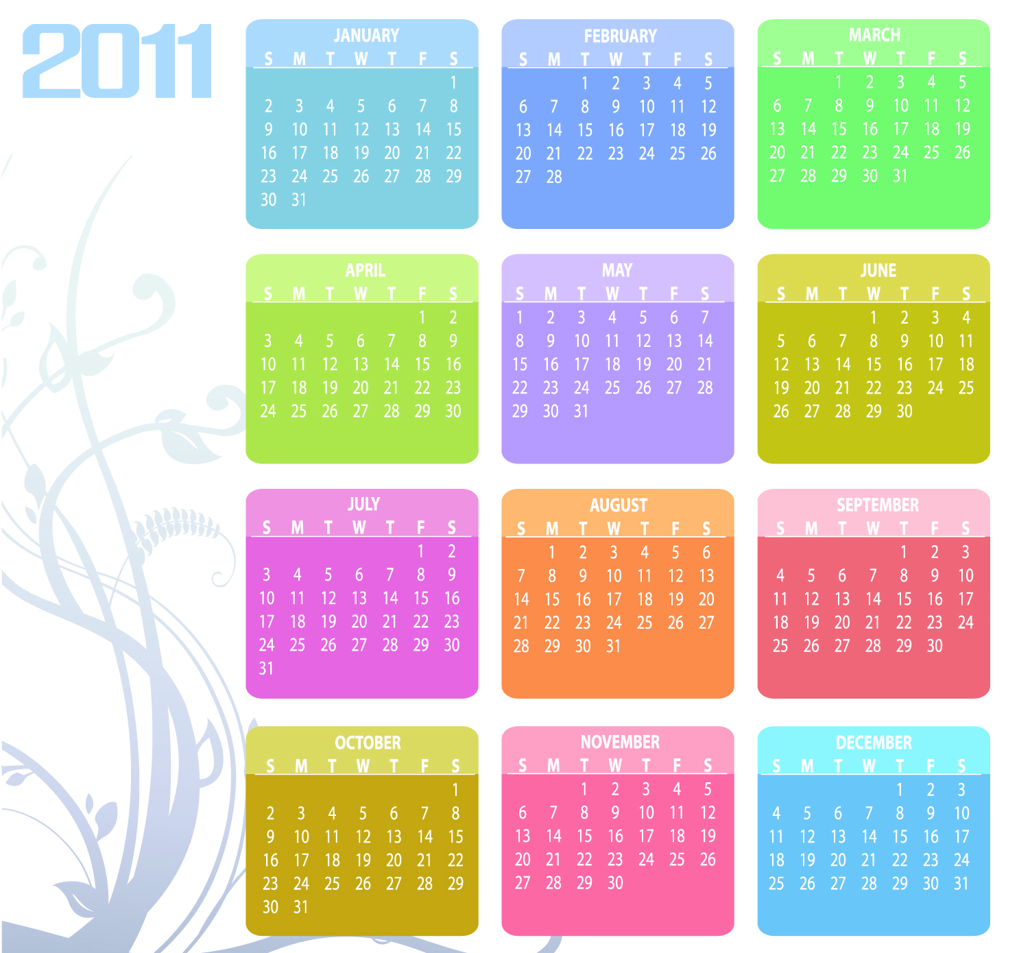 2011 calendar template bright colorful squares sections decor