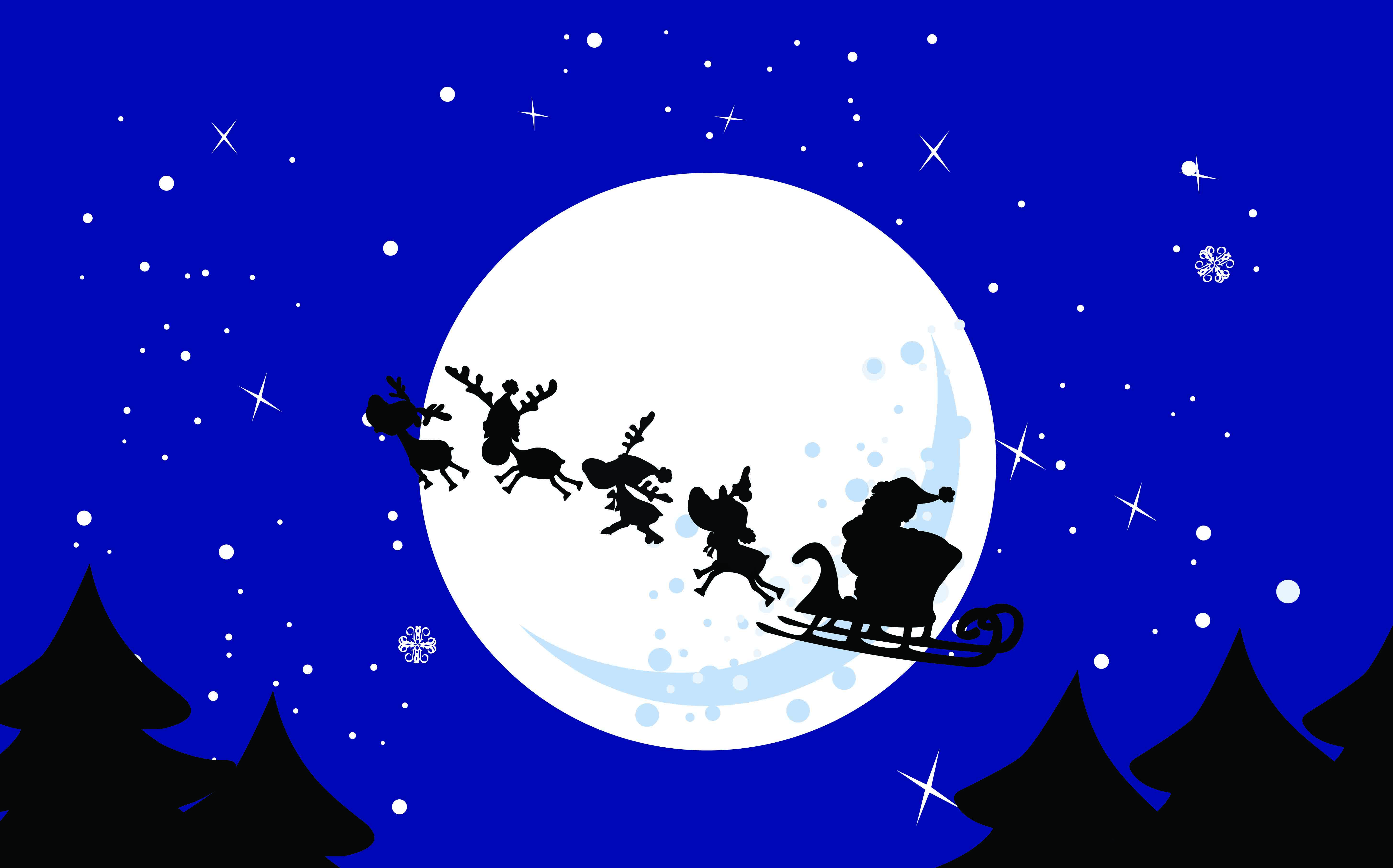 christmas background flying santa reindeer moonlight icons