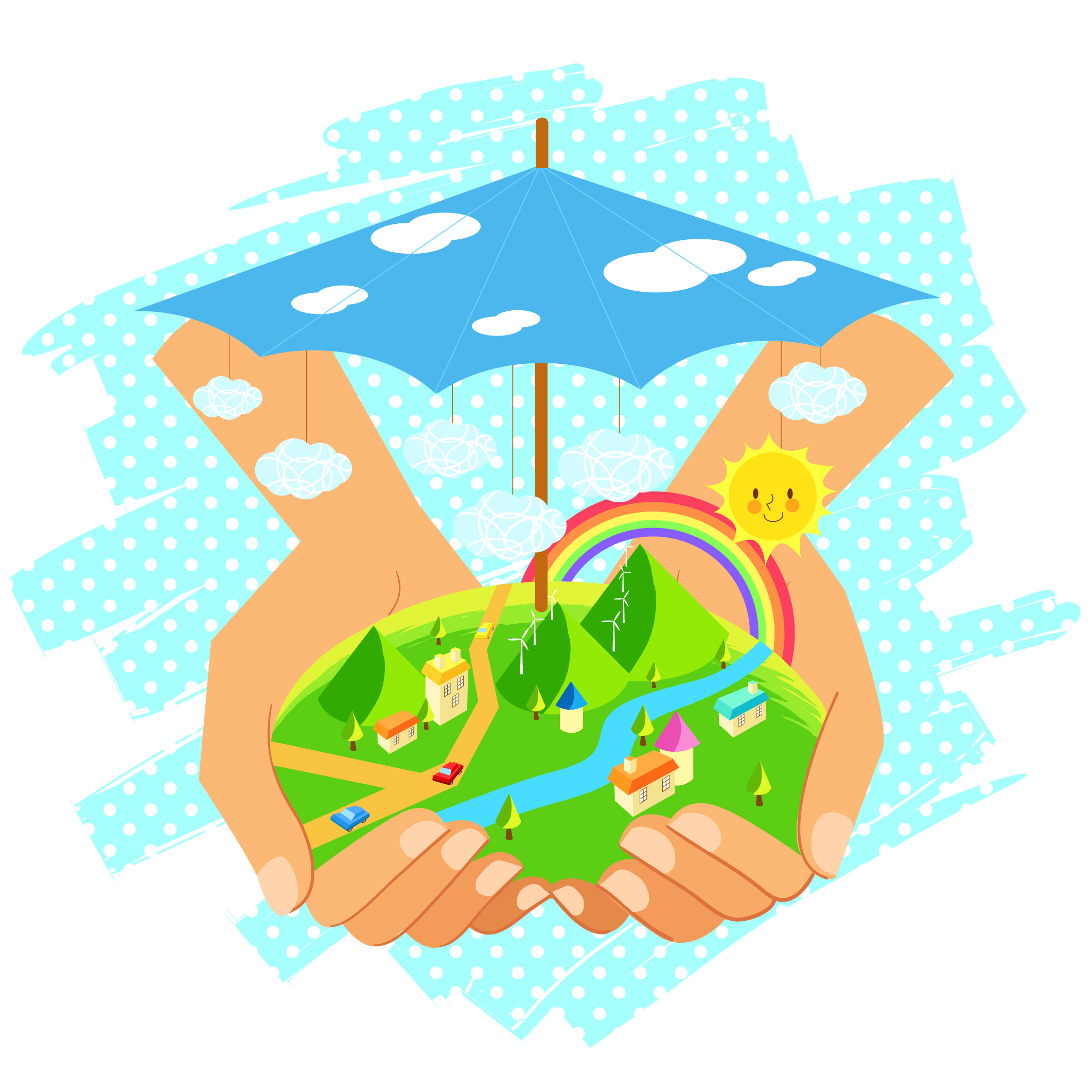 ecology background holding hands land umbrella icons decor