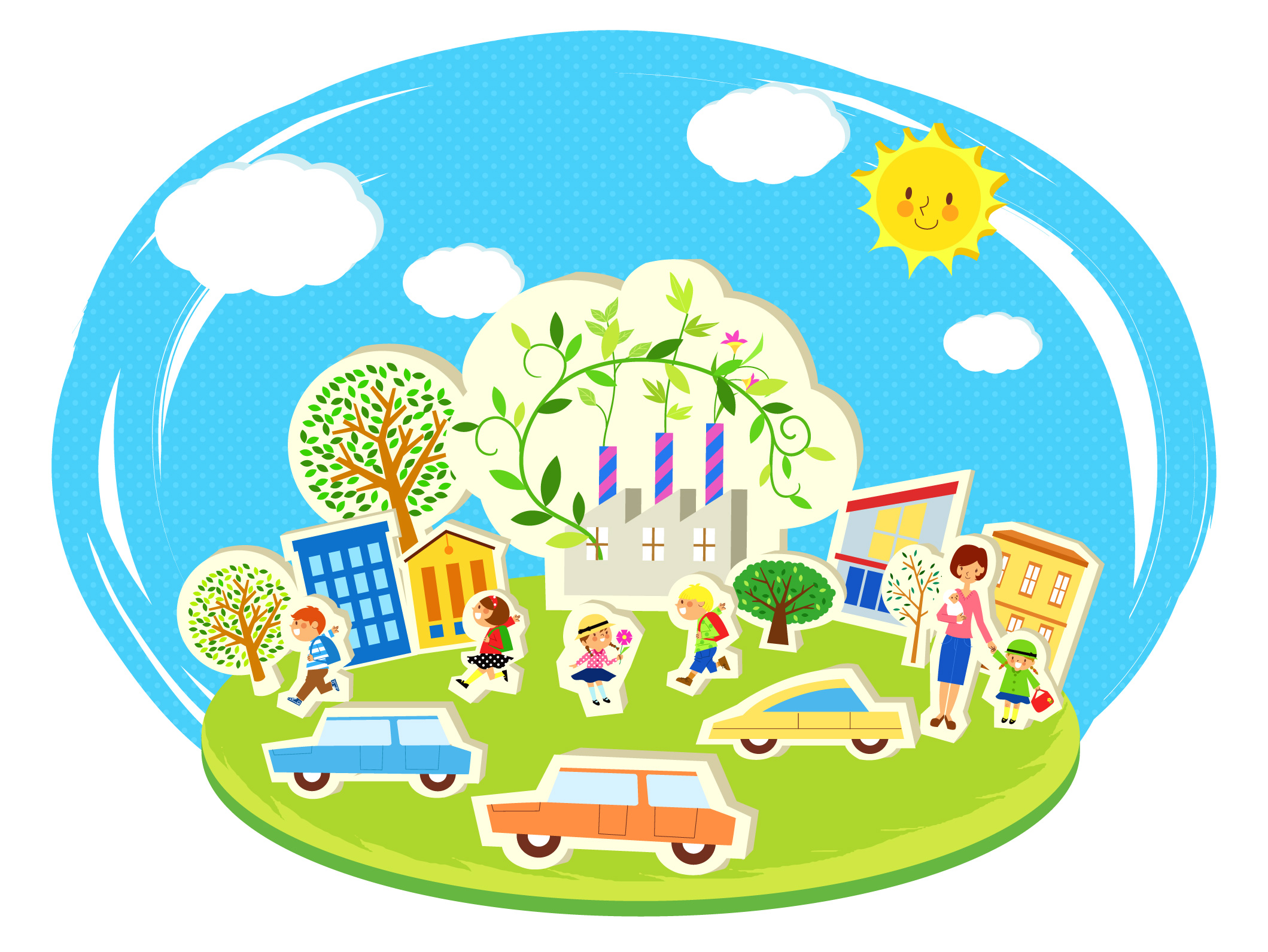 ecology background people trees car icons cartoon sketch