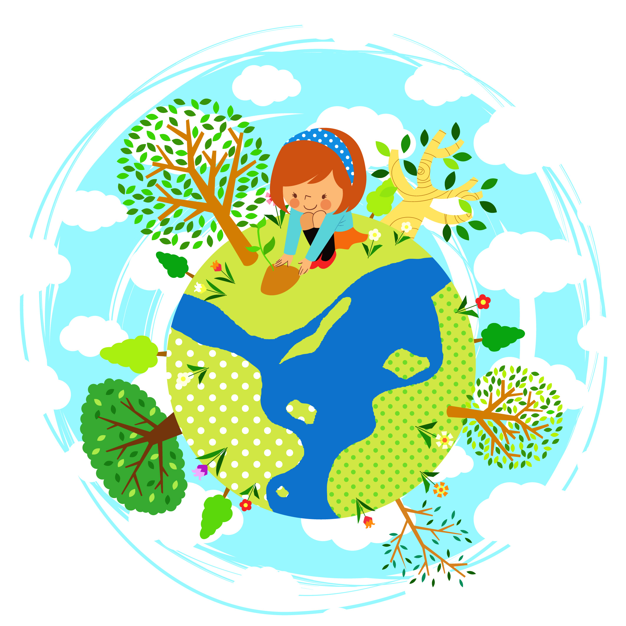 ecology background girl planting tree earth icons