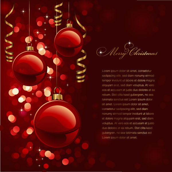 christmas banner shiny baubles dark red bokeh decor