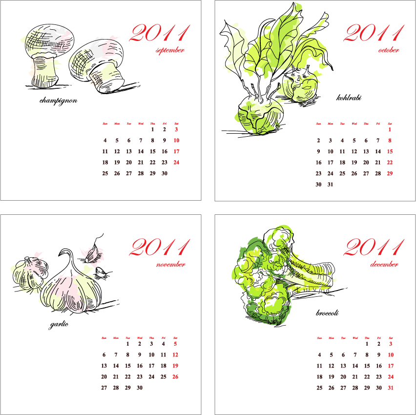 2011 calendar templates vegetables themes handdrawn sketch