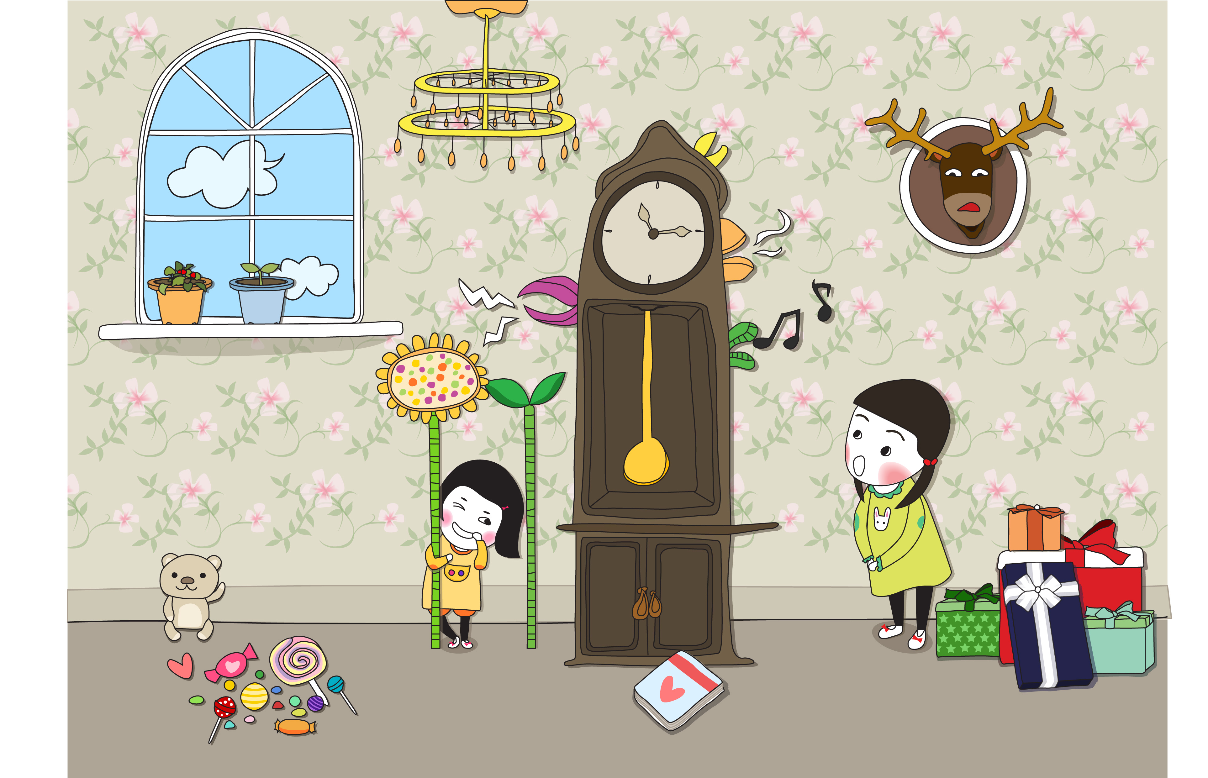 childhood painting playful sisters icons cute cartoon design