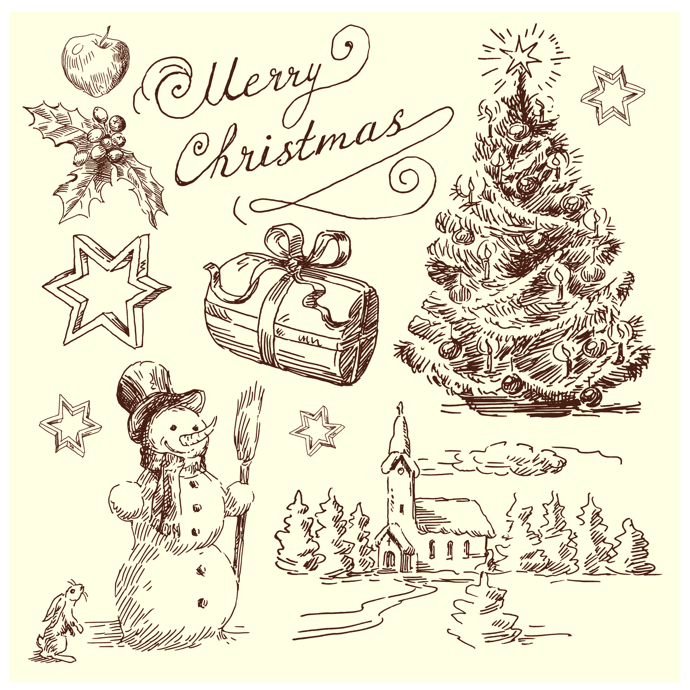 christmas card template classical handdrawn symbols sketch