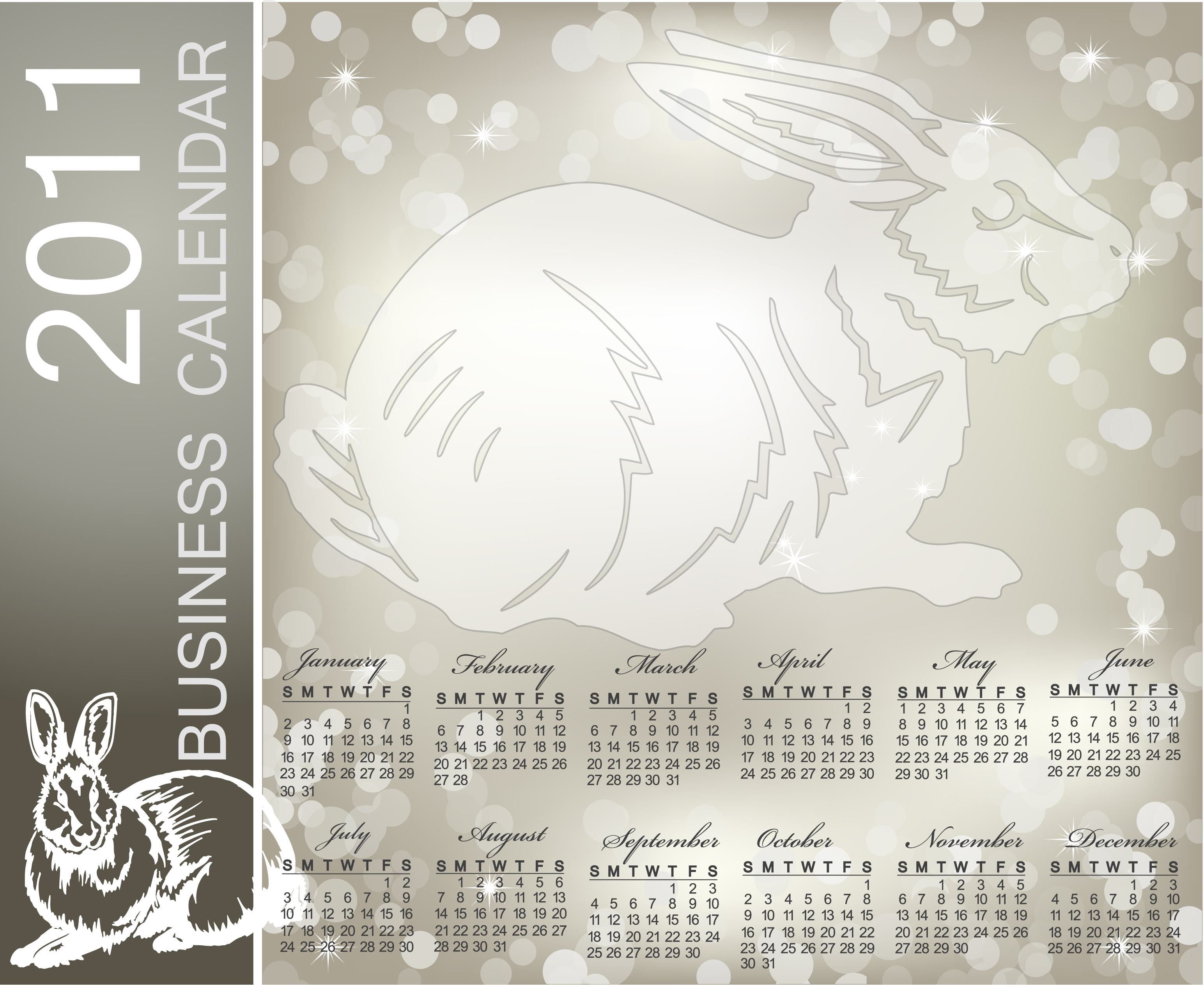 2011 calendar template rabbit icon grey bokeh decor