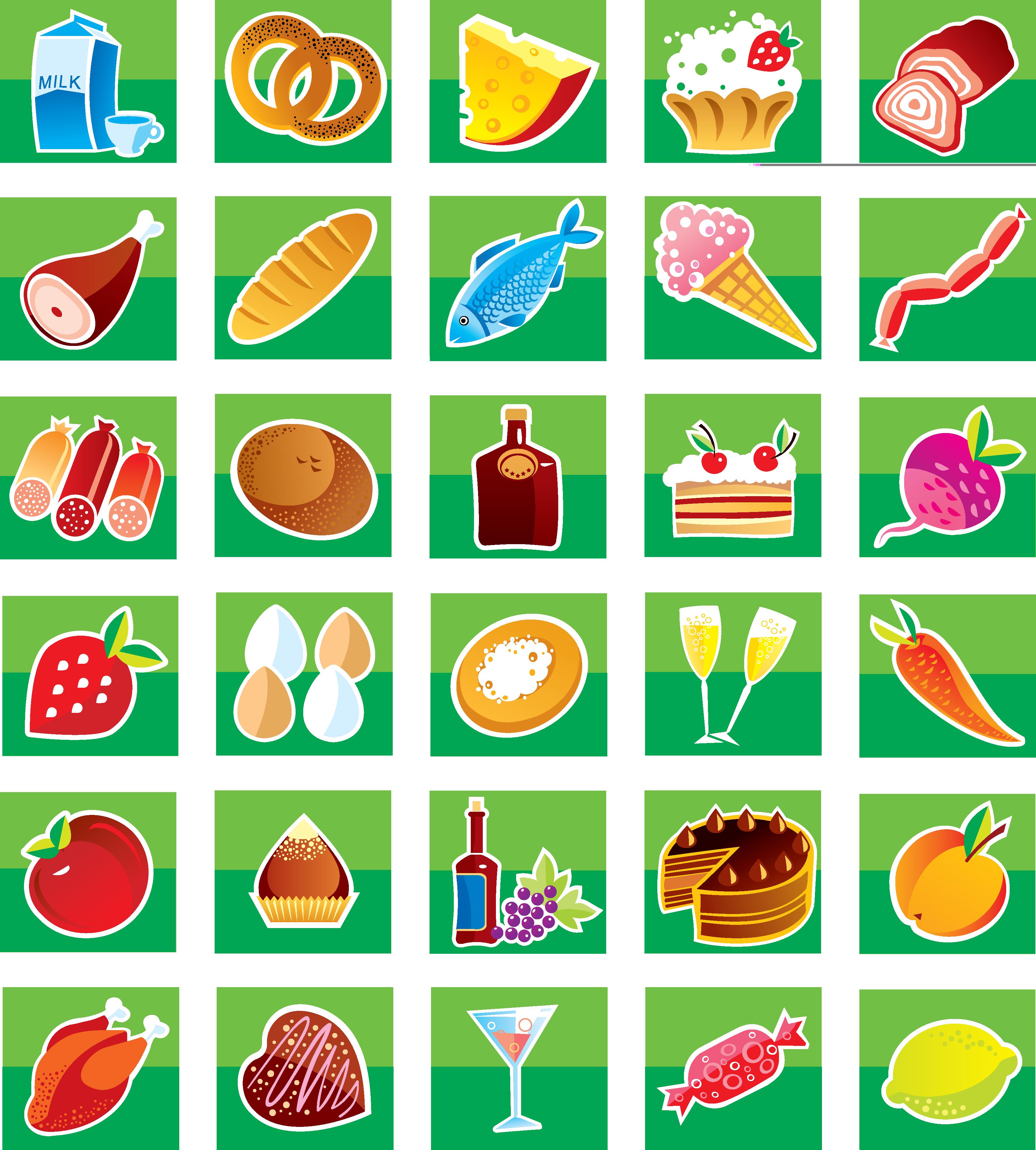 food icons collection colorful sketch squares isolation