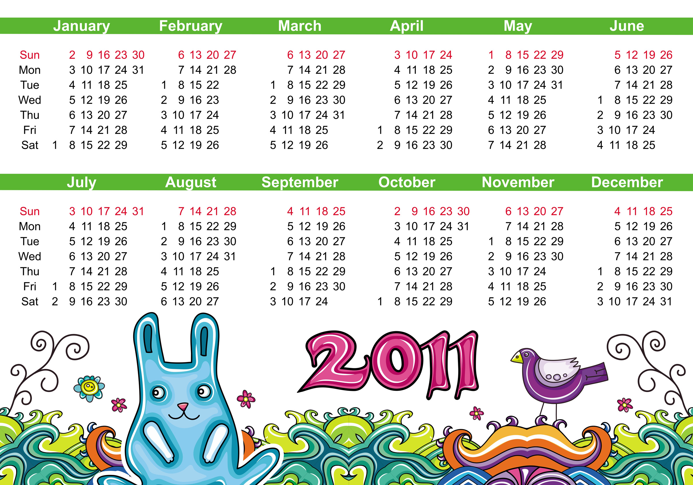 2011 calendar template nature theme colorful handdrawn sketch