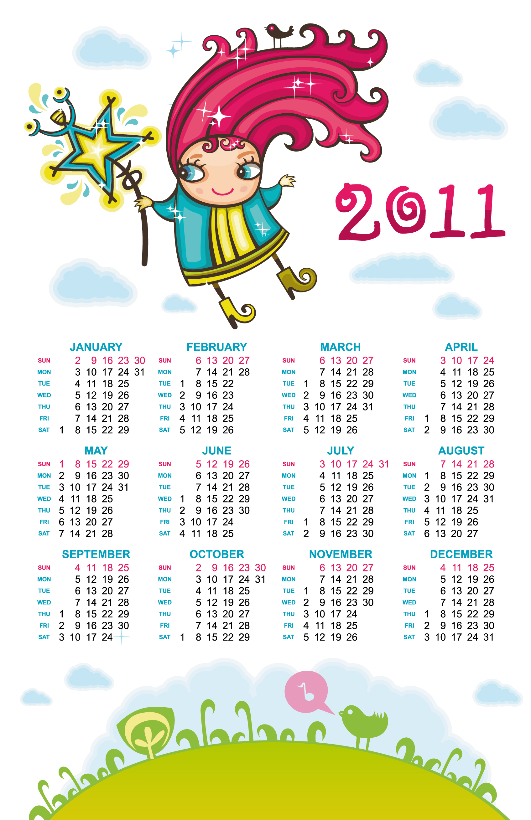 2011 calendar template cute cartoon girl sketch