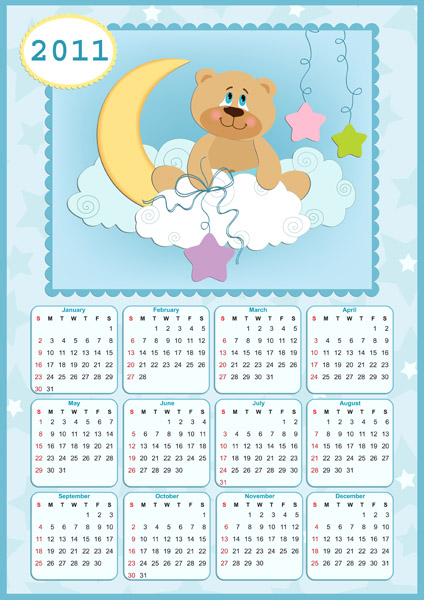 2011 calendar templates cute dog bear icons decor