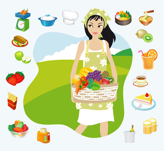 housewife work design elements food icons cartoon design