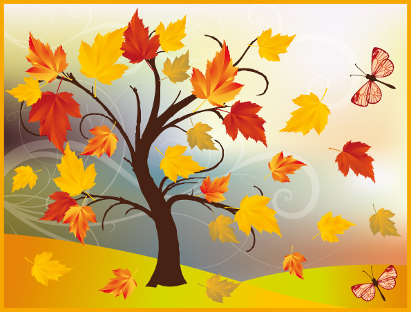 autumn painting tree leaves wind butterflies icons decor