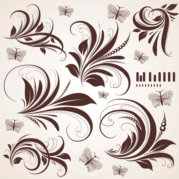 pattern design elements flowers feather icons classical curves