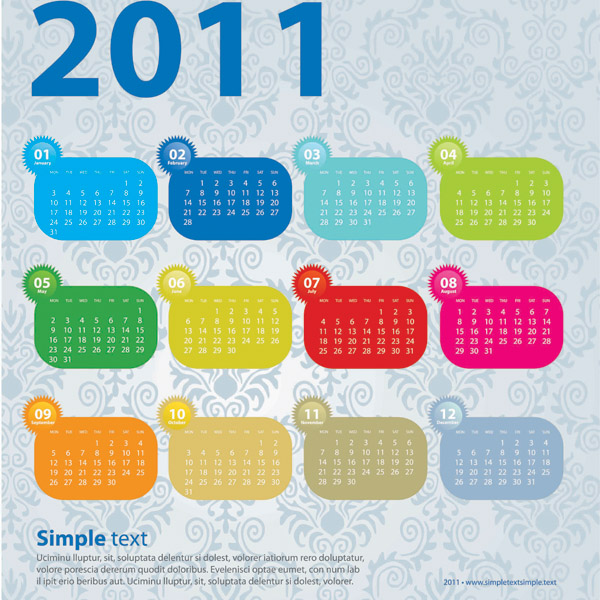 2011 calendar template colorful simple flat classical pattern