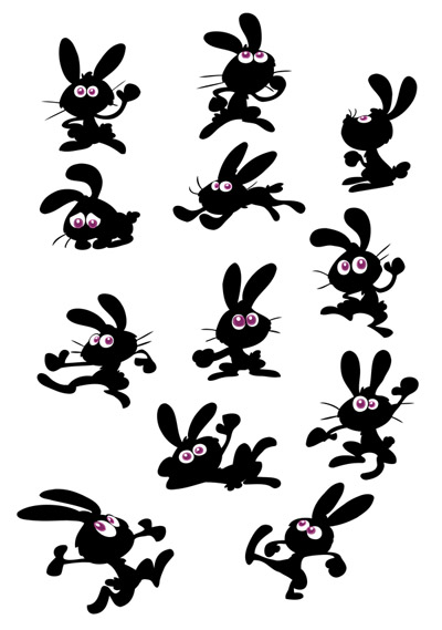 rabbit icons collection funny gestures black cartoon silhouettes