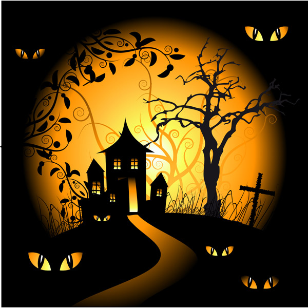 halloween background cat eyes tombs trees black decor