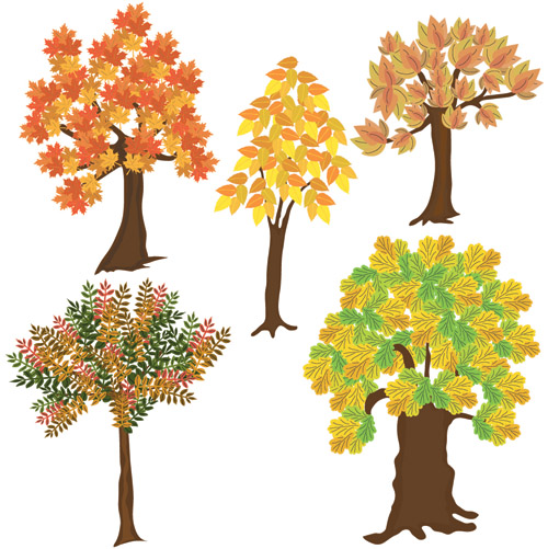 autumn trees icons colorful classical handdrawn sketch