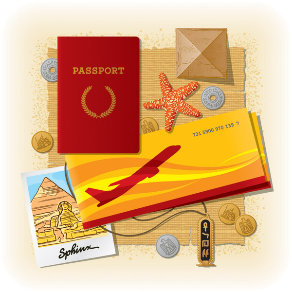 travel background passport ticket postcard coins starfish icons