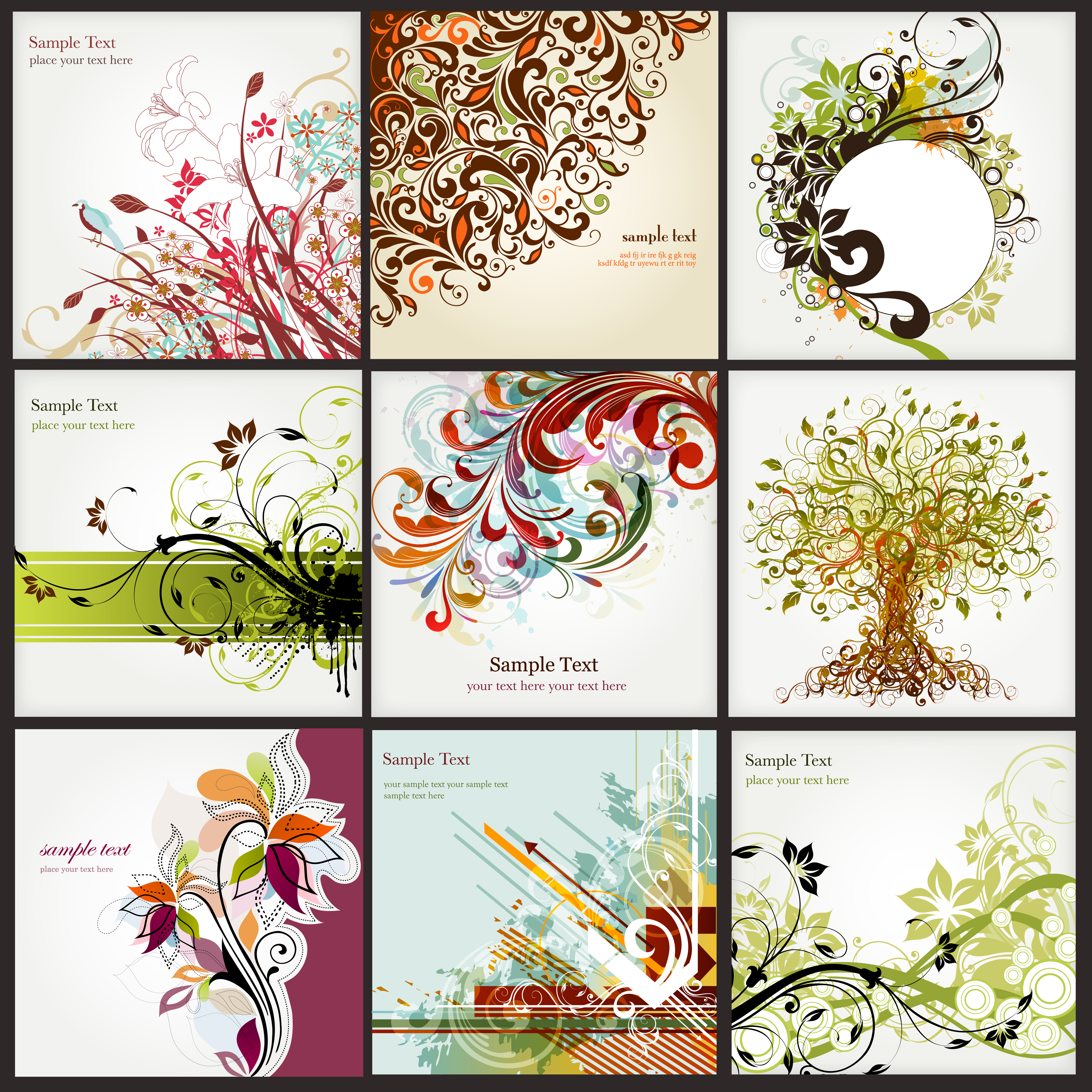 card templates collection flowers tree icons classical curves