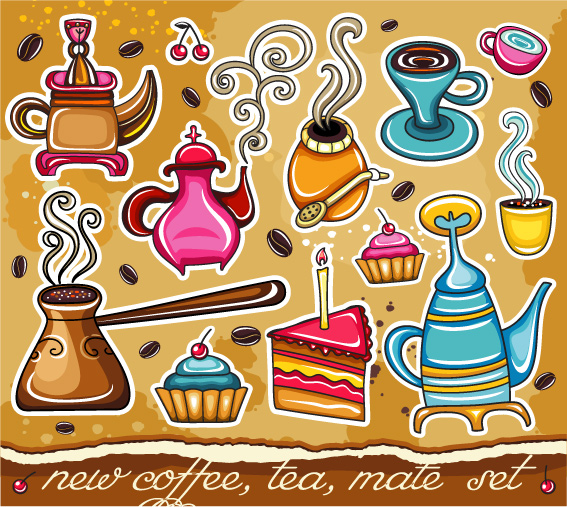 food drink background classical cake cup pot coffee icons