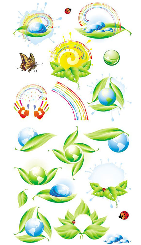 ecology design elements globe leaves ladybug droplets icons