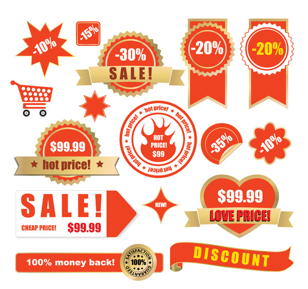 sales tags templates red seals circle ribbon shapes