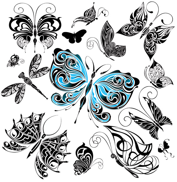 butterflies icons classical black white colored sketch