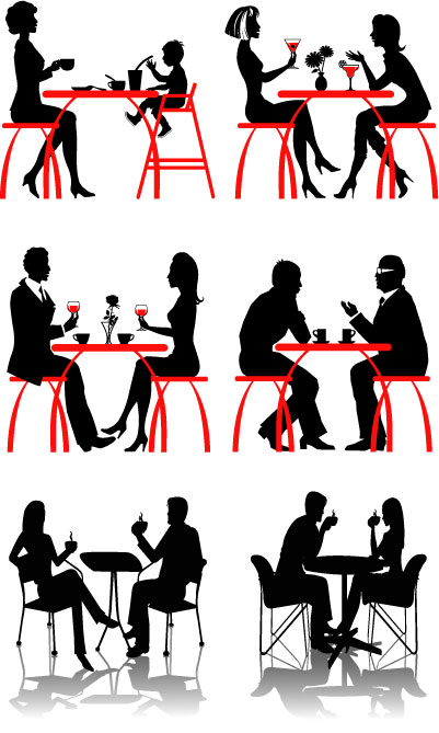 dinner gather icons people silhouettes design