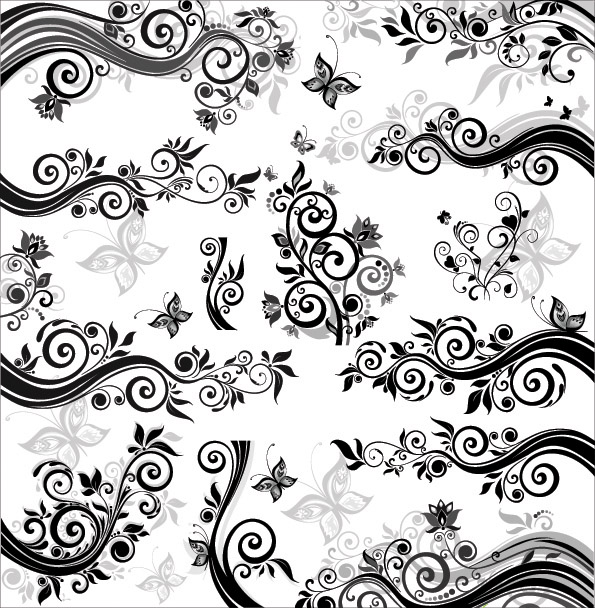 nature pattern classical black white flowers butterflies elements