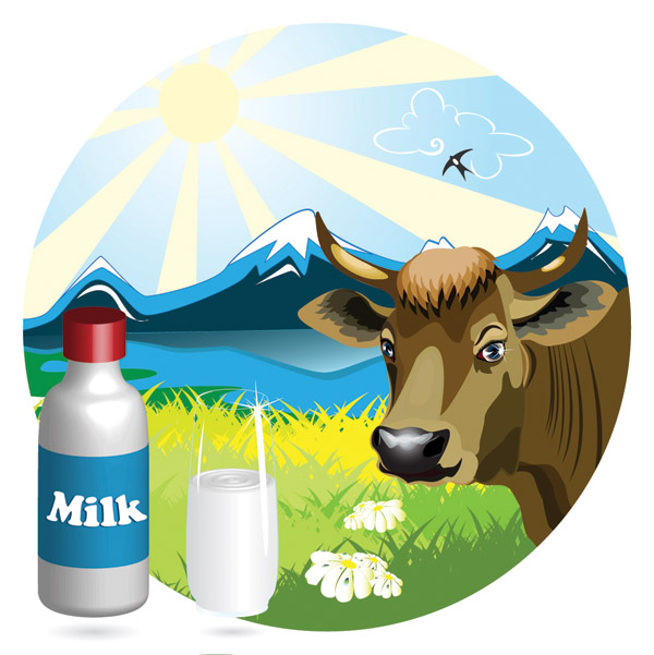 milk advertising banner cow glass mountain meadow icons